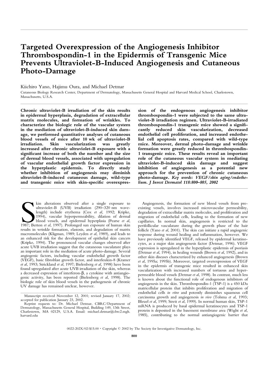 Targeted Overexpression of the Angiogenesis Inhibitor in the Epidermis Prevents Ultraviolet-B-Induced Angiogenesis and Cutaneous Photo-Damage P1