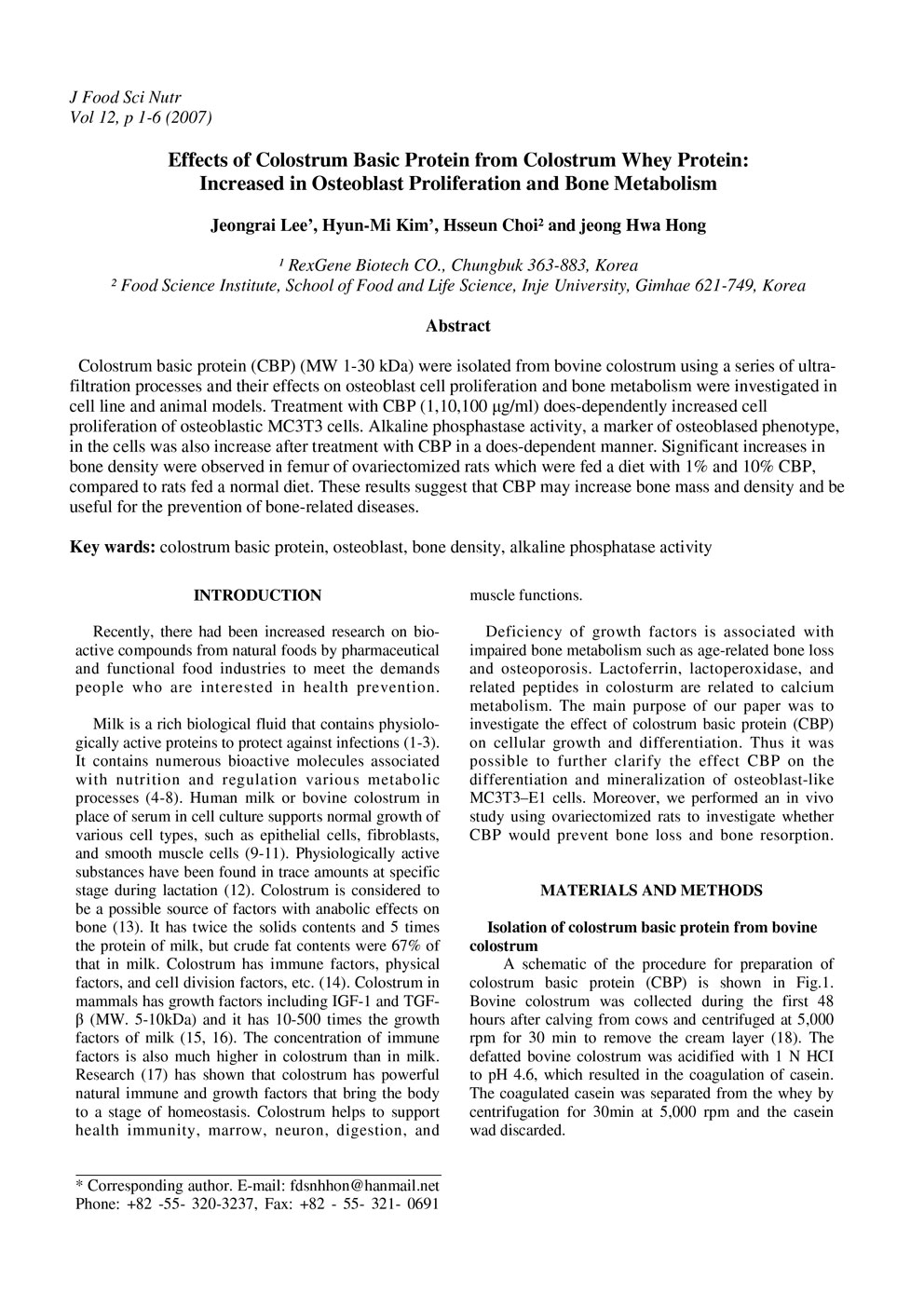 Effects of Colostrum Basic Protein from Colostrum Whey Protein: Increased in Osteoblast Proliferation and Bone Metabolism P1